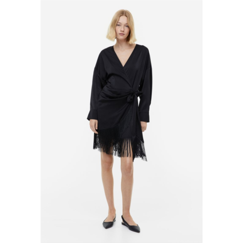H&M Fringe-trimmed Satin Wrap Dress