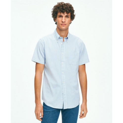 Brooksbrothers Washed Cotton Seersucker Button-Down Collar, Stripe Short-Sleeve Sport Shirt