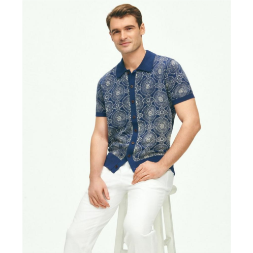 Brooksbrothers Cotton Polo Cardigan In Batik-Inspired Block Print