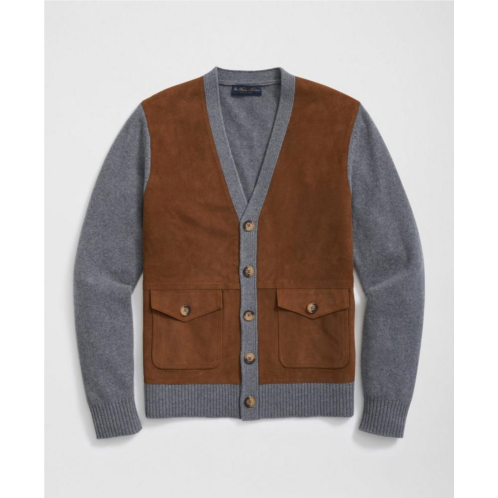 Brooksbrothers V-Neck Cardigan with Suede Panels in Wool-Cashmere Blend