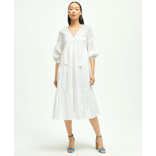 Brooksbrothers Cotton Tiered Eyelet Tie Neck Dress