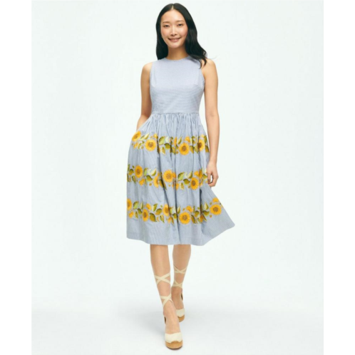 Brooksbrothers Sunflower Embroidered Striped Fit-And-Flare Dress In Cotton