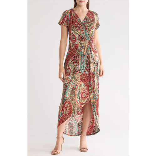 Connected Apparel Paisley High-Low Faux Wrap Dress