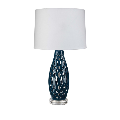 SHINE STUDIO Filigree Table Lamp in Navy Blue Ceramic with Cone Shade in White Linen