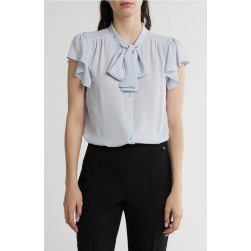 Calvin Klein Neck Tie Ruffle Sleeve Button-Up Top