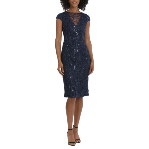 Maggy London Illusion Lace Sequin Embroidered Cap Sleeve Midi Dress