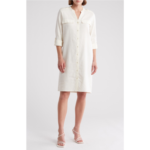 Calvin Klein Front Button Long Sleeve Linen Blend Dress