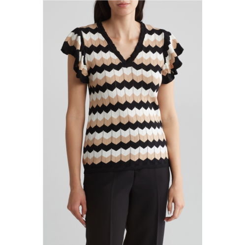 Adrianna Papell Zigzag Stripe Short Sleeve Pointelle Sweater