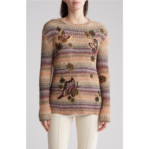 Valentino Stripe Embroidered Cotton Blend Crewneck Sweater