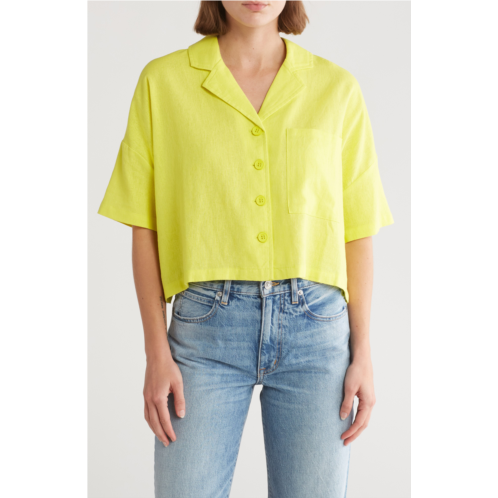DKNY SPORT Linen Blend Crop Button-Up Camp Shirt