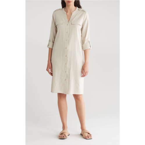 Calvin Klein Front Button Long Sleeve Linen Blend Dress