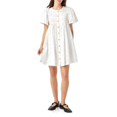 English Factory Embroidered Cotton Eyelet Button-Up Babydoll Dress