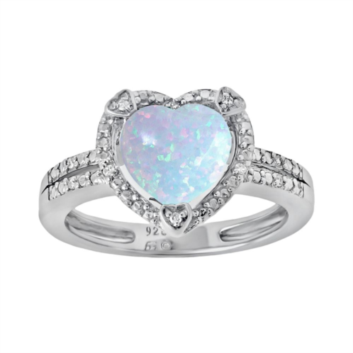 Gemminded Sterling Silver Lab-Created Opal and Diamond Accent Heart Frame Ring