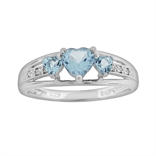 Gemminded Sterling Silver Lab-Created Aquamarine and Diamond Accent Heart 3-Stone Ring