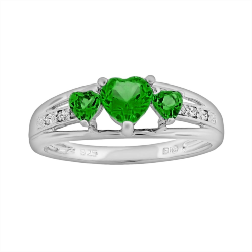 Gemminded Sterling Silver Lab-Created Emerald and Diamond Accent Heart 3-Stone Ring