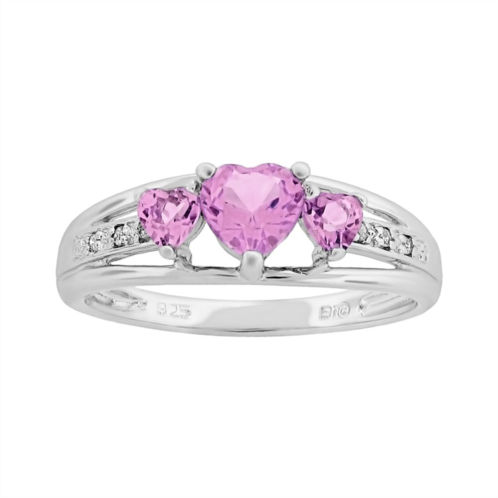 Gemminded Sterling Silver Lab-Created Pink Sapphire and Diamond Accent Heart 3-Stone Ring