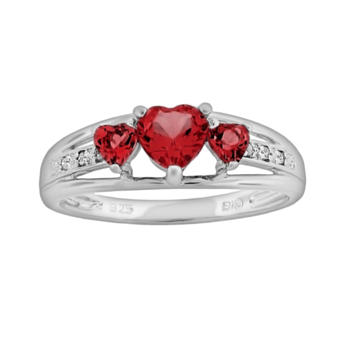 Gemminded Sterling Silver Lab-Created Ruby and Diamond Accent Heart 3-Stone Ring
