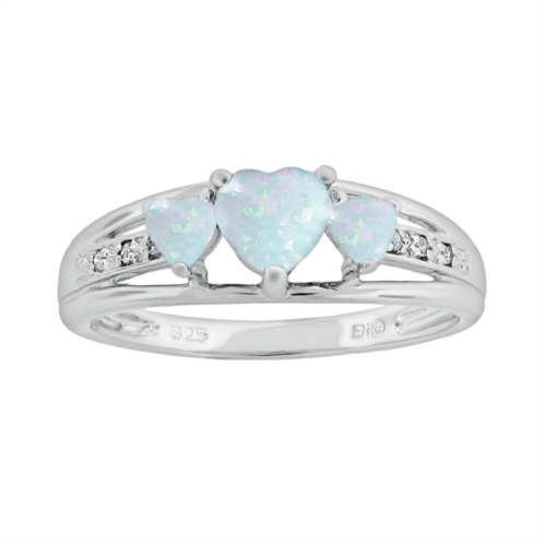 Gemminded Sterling Silver Lab-Created Opal and Diamond Accent Heart 3-Stone Ring