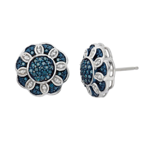 Jewelexcess 1/3 Carat T.W. Blue and White Diamond Sterling Silver Flower Stud Earrings
