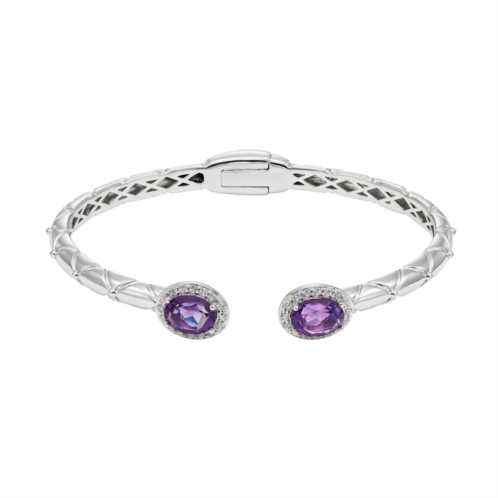 Unbranded Amethyst & White Topaz Sterling Silver Halo Textured Hinged Cuff Bracelet