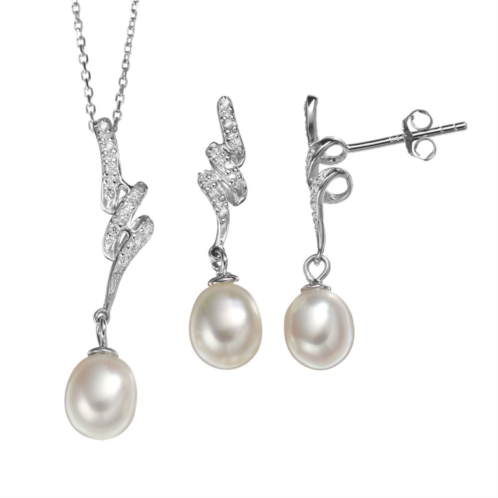 Unbranded Freshwater Cultured Pearl & Cubic Zirconia Sterling Silver Twist Pendant Necklace & Drop Earring Set