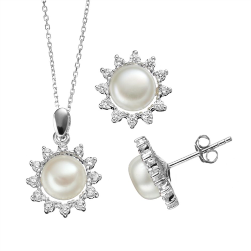 Unbranded Freshwater Cultured Pearl & Cubic Zirconia Sterling Silver Flower Pendant Necklace & Button Stud Earring Set
