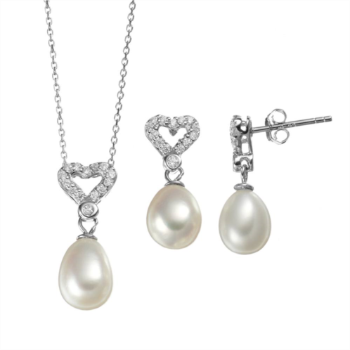 Unbranded Freshwater Cultured Pearl & Cubic Zirconia Sterling Silver Heart Pendant Necklace & Drop Earring Set