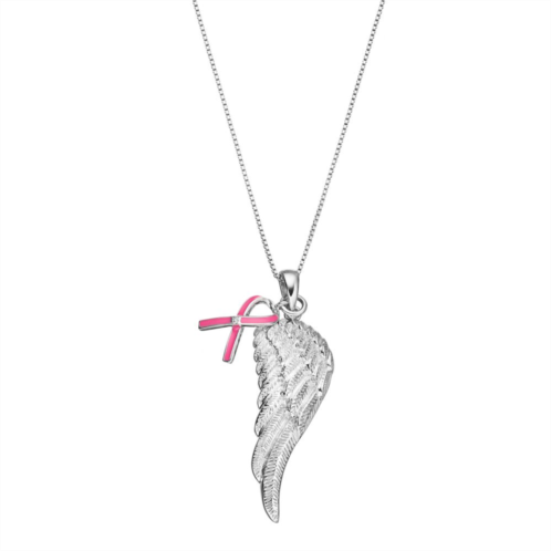 Gemminded Sterling Silver Diamond Accent Pink Ribbon Charm & Angel Wing Pendant