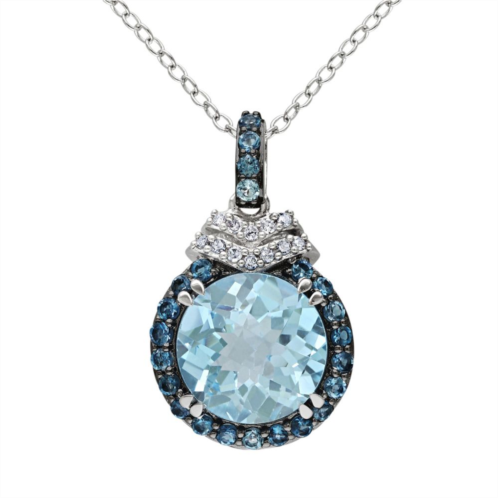 Stella Grace Sky Blue Topaz, London Blue Topaz & Diamond Accent Sterling Silver Halo Pendant Necklace