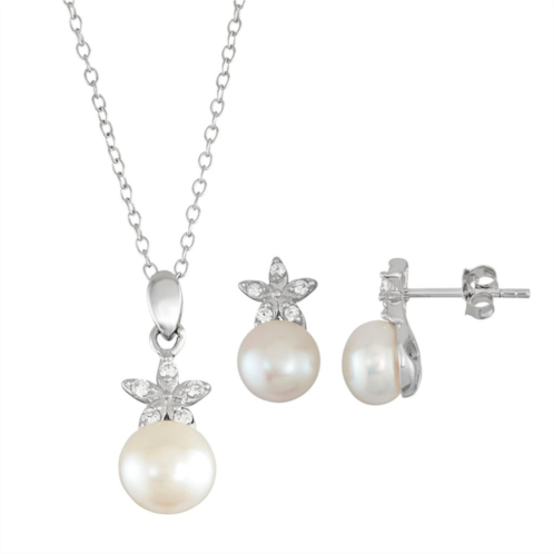 Unbranded Sterling Silver Freshwater Cultured Pearl Flower Pendant & Stud Earring Set