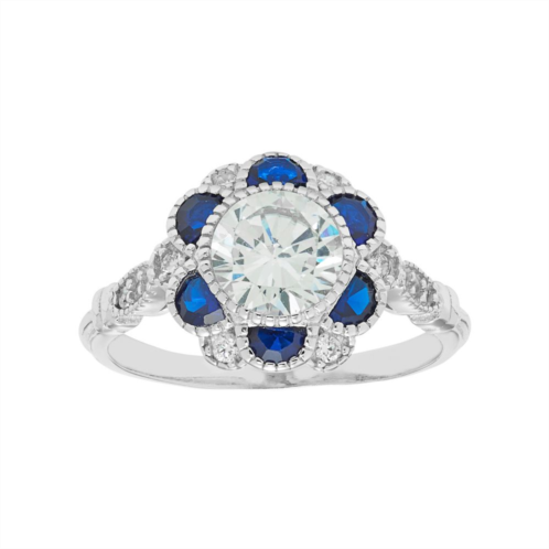 Kohls Sterling Silver Cubic Zirconia & Lab-Created Blue Spinel Flower Ring