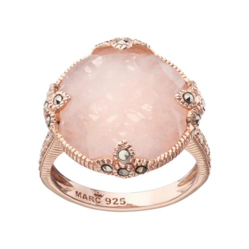 Lavish by TJM 18k Rose Gold Over Silver Rose Quartz & Marcasite Circle Ring