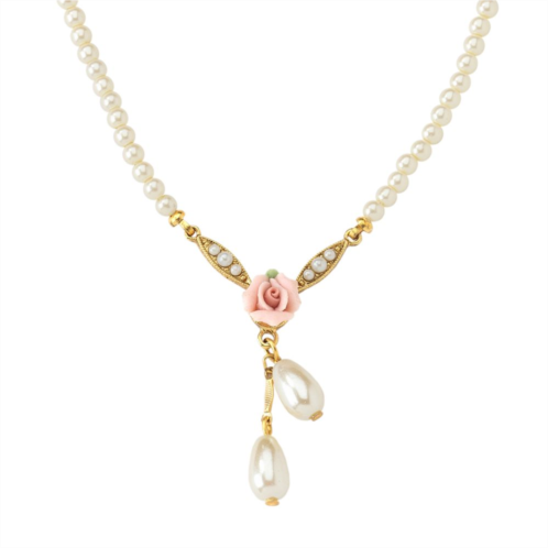 1928 Gold-Tone Simulated Pearl & Rose Necklace
