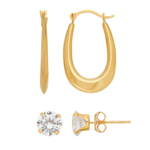 Everlasting Gold 14k Gold Cubic Zirconia Stud & U Hoop Earring Set
