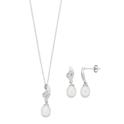Unbranded Sterling Silver Freshwater Cultured Pearl & Cubic Zirconia Pendant & Drop Earring Set