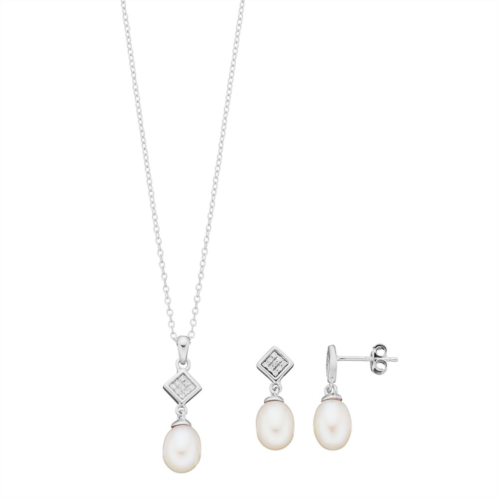 Unbranded Sterling Silver Freshwater Cultured Pearl & Cubic Zirconia Pendant & Drop Earring Set