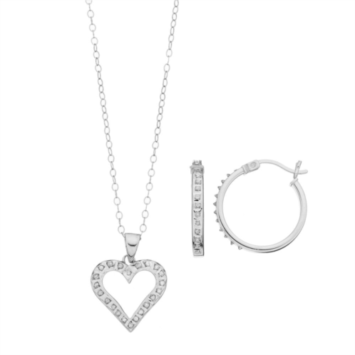 Diamond Mystique Platinum Over Silver Heart Pendant & Hoop Earring Set