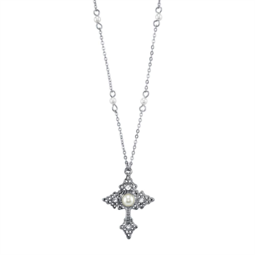 1928 Simulated Pearl Cross Pendant Necklace