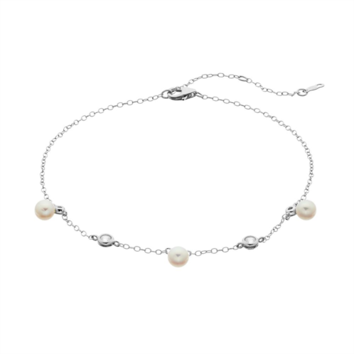 Unbranded Sterling Silver Freshwater Cultured Pearl & Lab Created White Sapphire Station Anklet