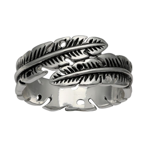 Womens PRIMROSE Primrose sterling silver polished oxidize feather bypass band, Size 9.