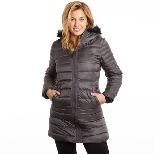 Womens Excelled Poly 3/4 Puffer with Attached Hood Faux Fur Trim