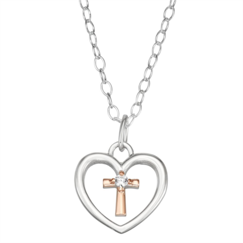 Charming Girl Two-Tone Sterling Silver Heart & Cross Pendant Necklace