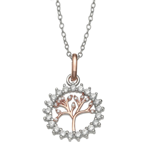 Womens PRIMROSE Primrose two tone sterling silver and 18k rose gold plated pave cubic zirconia family tree round pendant on 18 inch cable chain, secured with a spring-ring clasp to