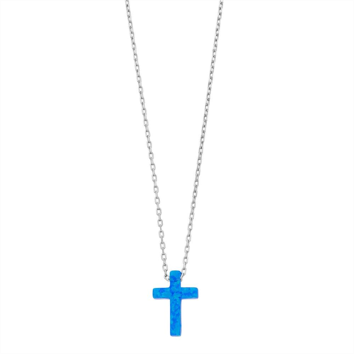 Gemminded Sterling Silver Lab-Created Blue Opal Cross Pendant Necklace