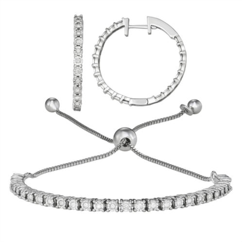 Unbranded Sterling Silver 1/2 Carat T.W. Diamond Adjustable Bracelet & Hoop Earring Set