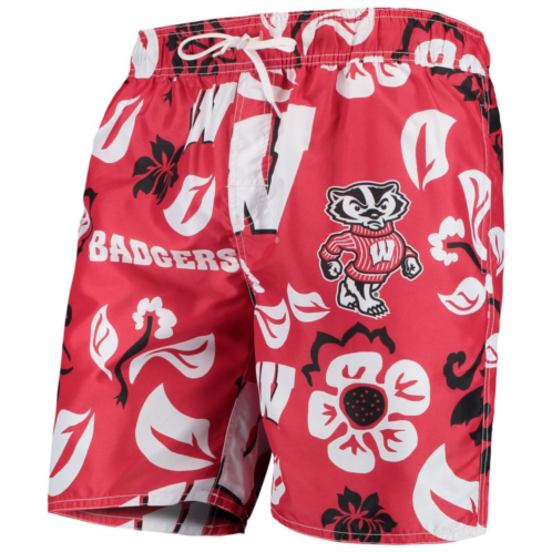 Mens Wes & Willy Red Wisconsin Badgers Floral Volley Swim Trunks