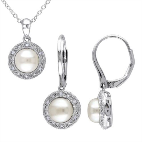 Stella Grace Sterling Silver Freshwater Cultured Pearl & 1/10 Carat T.W. Diamond Pendant & Earring Set