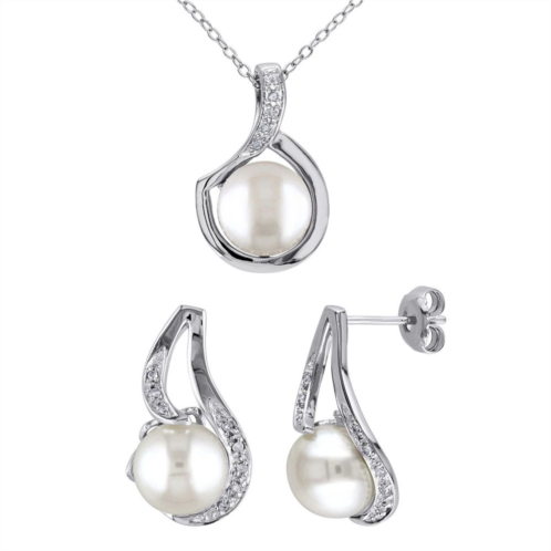 Stella Grace Sterling Silver Freshwater Cultured Pearl & 1/10 Carat T.W. Diamond Pendant & Earring Set