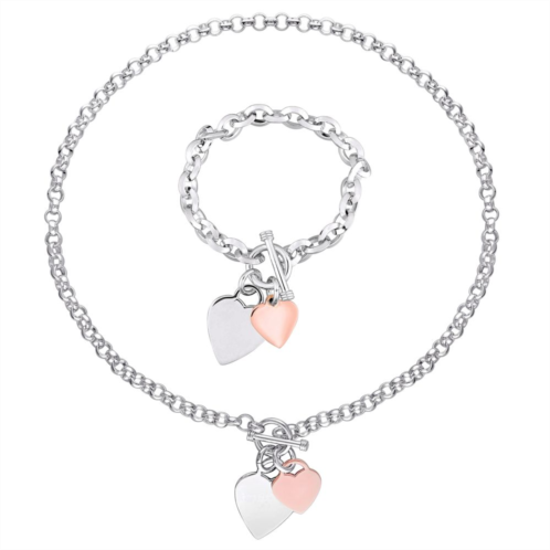 Stella Grace Two Tone Sterling Silver Heart Charm Bracelet & Necklace Set