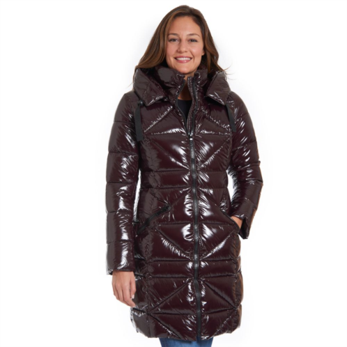 Womens Fleet Street Long Faux Down Shiny Coat with Detachable Hood